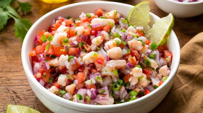 Close-up of a white bowl filled with vibrant shrimp ceviche, garnished with two lime wedges.