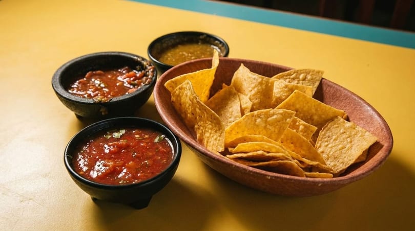 A wooden bowl of tortilla chips with three small black bowls of salsa on a yellow table.