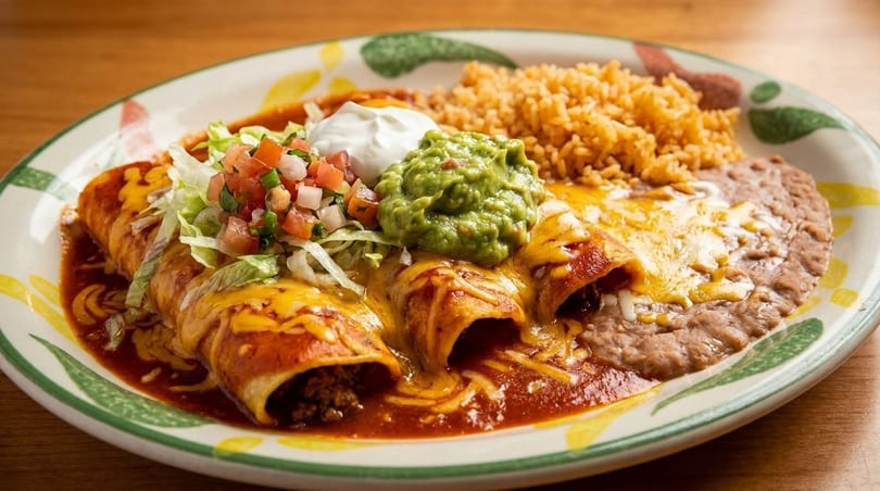 Three cheesy enchiladas with red sauce, rice, refried beans, guacamole, sour cream, and pico de gallo.